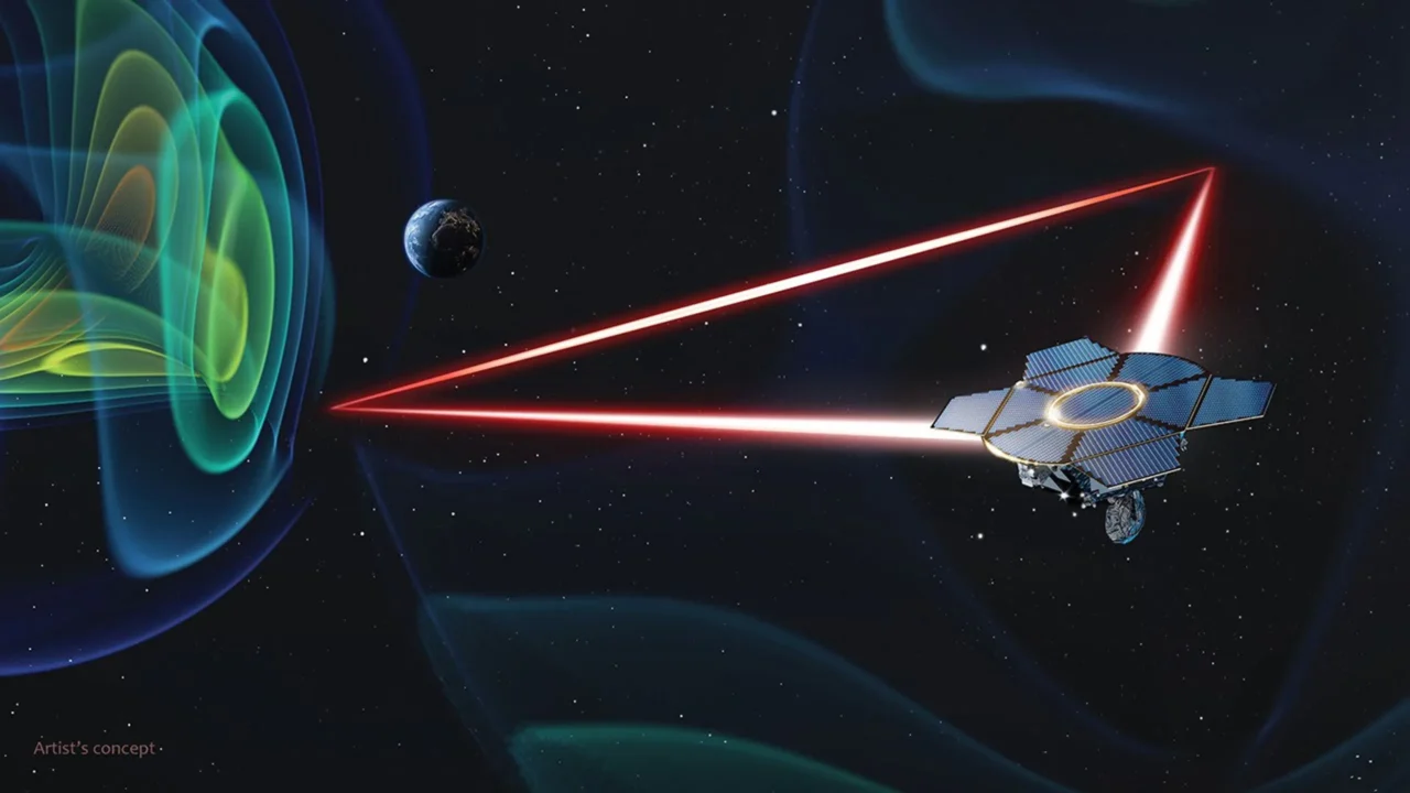 Este conceito artístico mostra a missão LISA (Laser Interferometer Space Antenna) em ação. Telescópios a bordo de cada uma das três espaçonaves transmitem e recebem simultaneamente feixes de laser infravermelho, medindo suas distâncias mútuas com precisão extremamente alta ao longo de 1.6 milhões