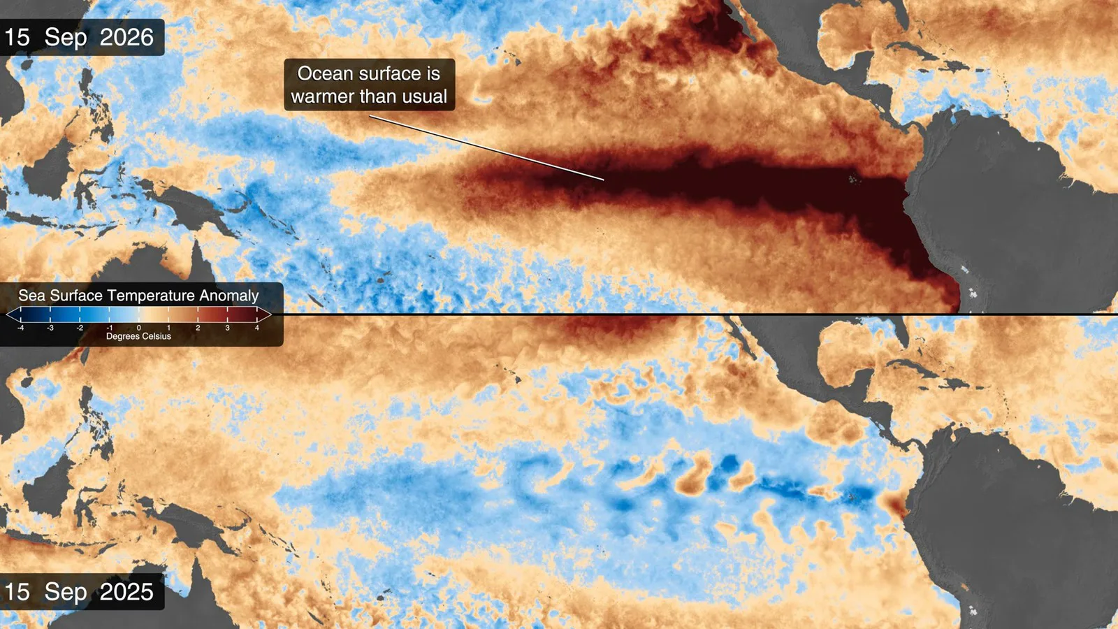 Dois mapas do oceano Pacífico comparam a temperatura da superfície do mar em 15 de setembro de 2025 e de 2026; em 2026, uma faixa vermelho-escura de água mais quente que o normal se estende até a costa da América do Sul