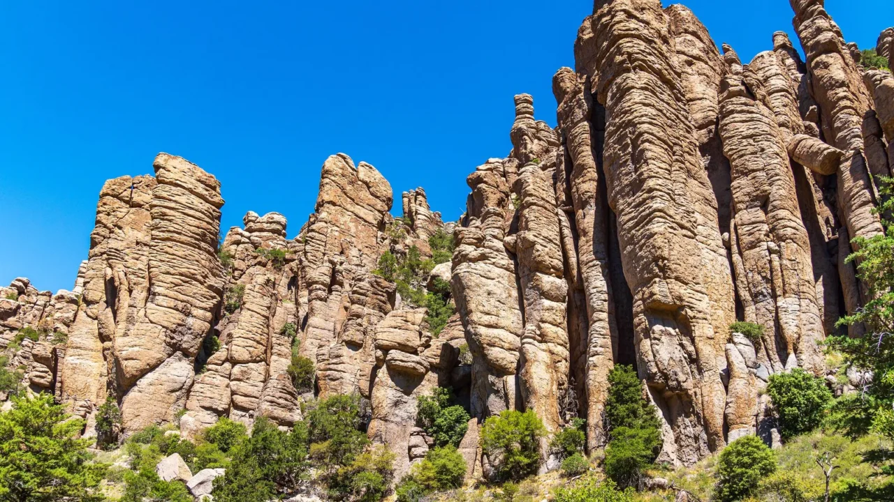 Paredão de torres de pedra de riolito, altas e estriadas, erguidas lado a lado sobre uma encosta com arbustos verdes, sob céu azul, no Chiricahua, no sudeste do Arizona, em 2024