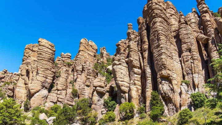 Paredão de torres de pedra de riolito, altas e estriadas, erguidas lado a lado sobre uma encosta com arbustos verdes, sob céu azul, no Chiricahua, no sudeste do Arizona, em 2024