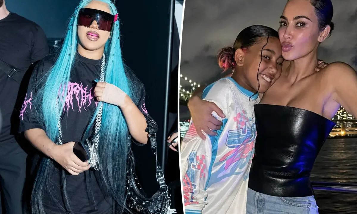 Montagem mostra adolescente com cabelo azul em evento e depois ao lado de mulher em foto noturna à beira d'água