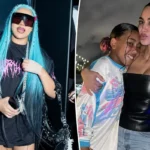 Montagem mostra adolescente com cabelo azul em evento e depois ao lado de mulher em foto noturna à beira d'água