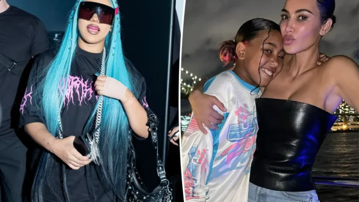 Montagem mostra adolescente com cabelo azul em evento e depois ao lado de mulher em foto noturna à beira d'água