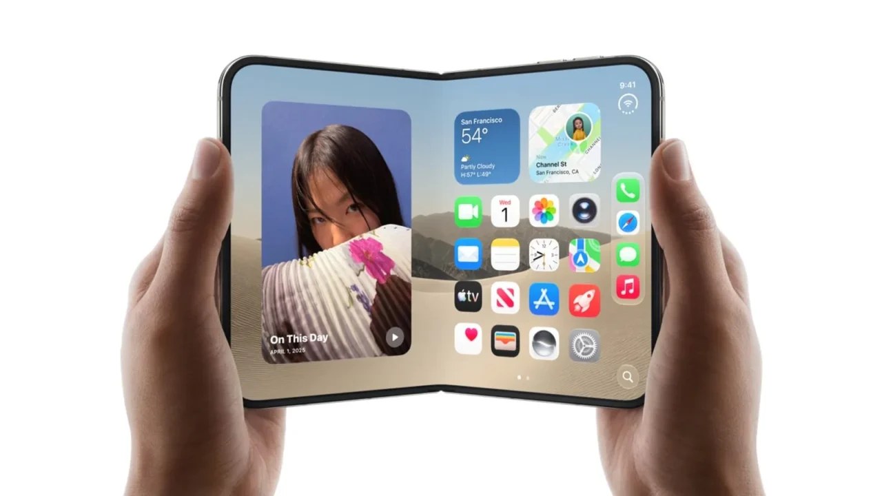 Duas mãos abrindo um iPhone Duo, com a tela interna entreaberta mostrando a tela inicial com fotos e ícones de aplicativos