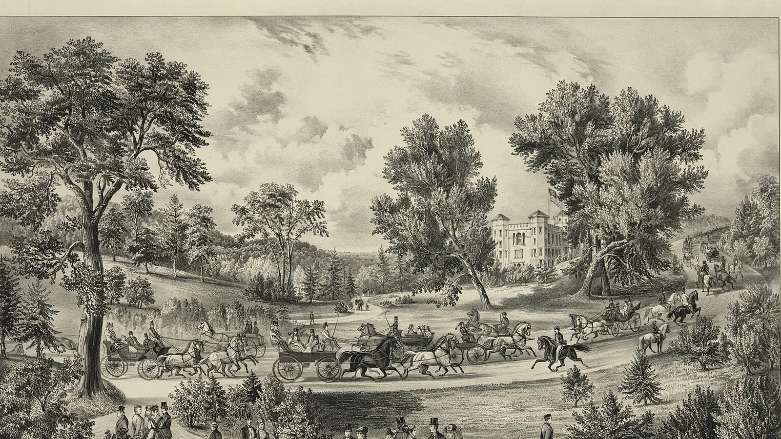 Litografia de 1869 mostra carruagens e cavaleiros no Grand Drive do Central Park, entre árvores e gramados