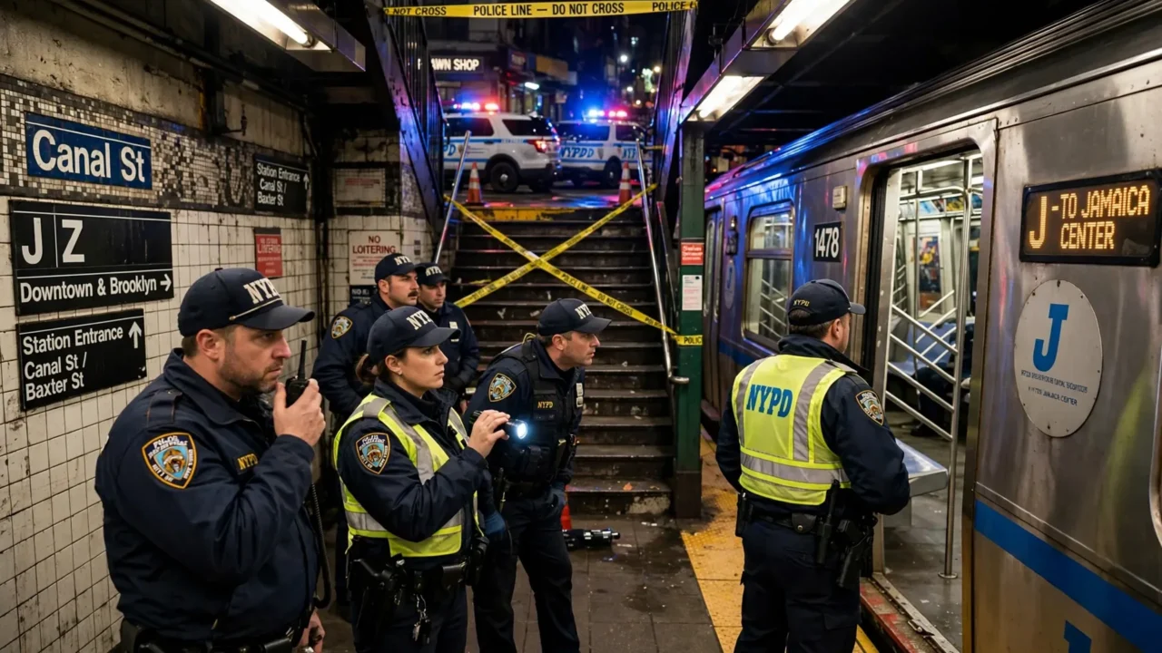 Agentes da NYPD isolam a estação Woodhaven Boulevard, no Queens, após esfaqueamento fatal a bordo de um trem J; suspeito de 25 anos foi preso acusado de homicídio.