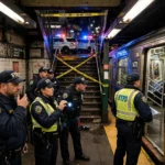 Agentes da NYPD isolam a estação Woodhaven Boulevard, no Queens, após esfaqueamento fatal a bordo de um trem J; suspeito de 25 anos foi preso acusado de homicídio.