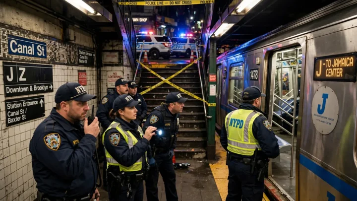 Agentes da NYPD isolam a estação Woodhaven Boulevard, no Queens, após esfaqueamento fatal a bordo de um trem J; suspeito de 25 anos foi preso acusado de homicídio.