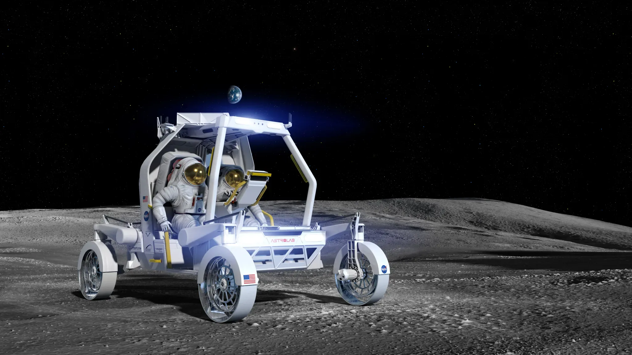 Concepção artística do Veículo Lunar Tripulado da Astrolab, o CLV-1, na superfície da Lua.