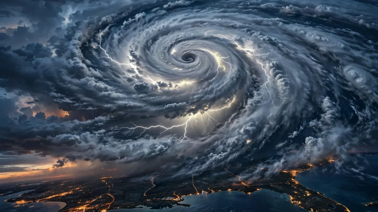 Ilustração: furacão em espiral com relâmpagos se aproxima da costa do Panhandle da Flórida durante a noite.