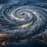Ilustração: furacão em espiral com relâmpagos se aproxima da costa do Panhandle da Flórida durante a noite.