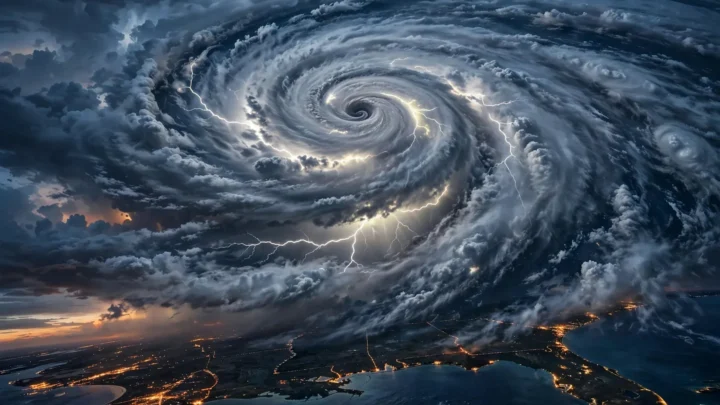 Ilustração: furacão em espiral com relâmpagos se aproxima da costa do Panhandle da Flórida durante a noite.