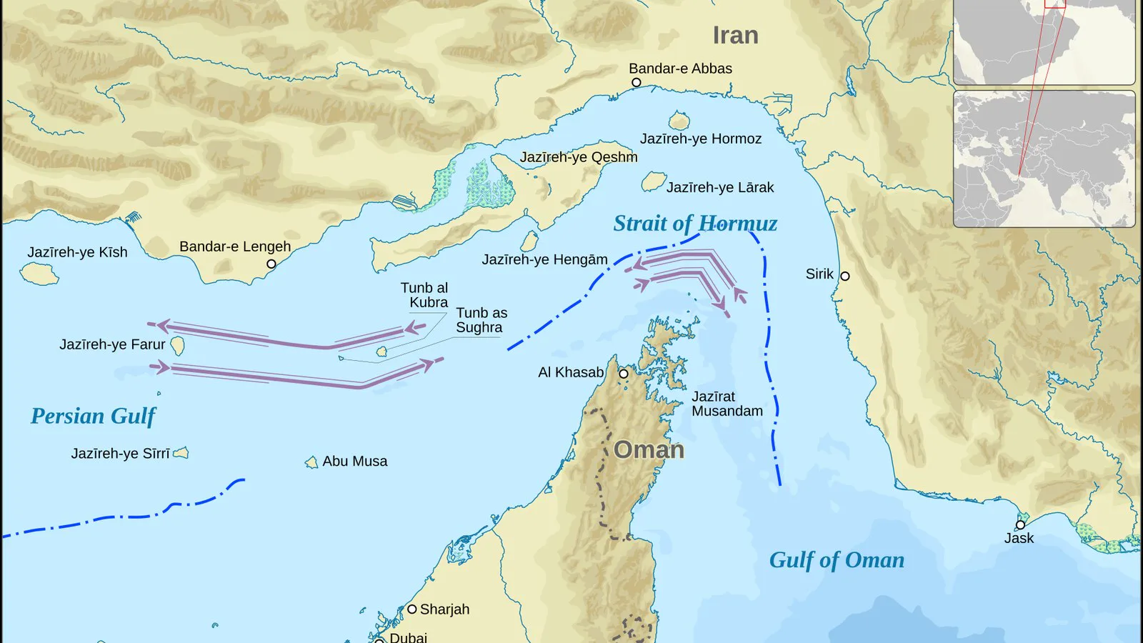 Mapa do Estreito de Ormuz, entre o Golfo Pérsico e o Golfo de Omã, com Irã ao norte e Omã e Emirados Árabes Unidos ao sul