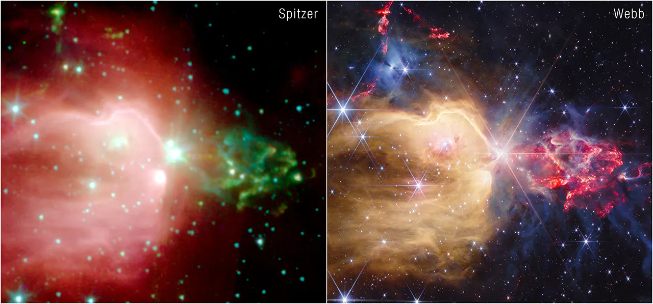 O aposentado Telescópio Espacial Spitzer da NASA observou o gás e a poeira dentro de NGC 7129; no entanto, a resolução aprimorada do Telescópio Espacial James Webb da NASA mostra filamentos de gás e poeira mais detalhados, junto com muitas galáxias de fundo.