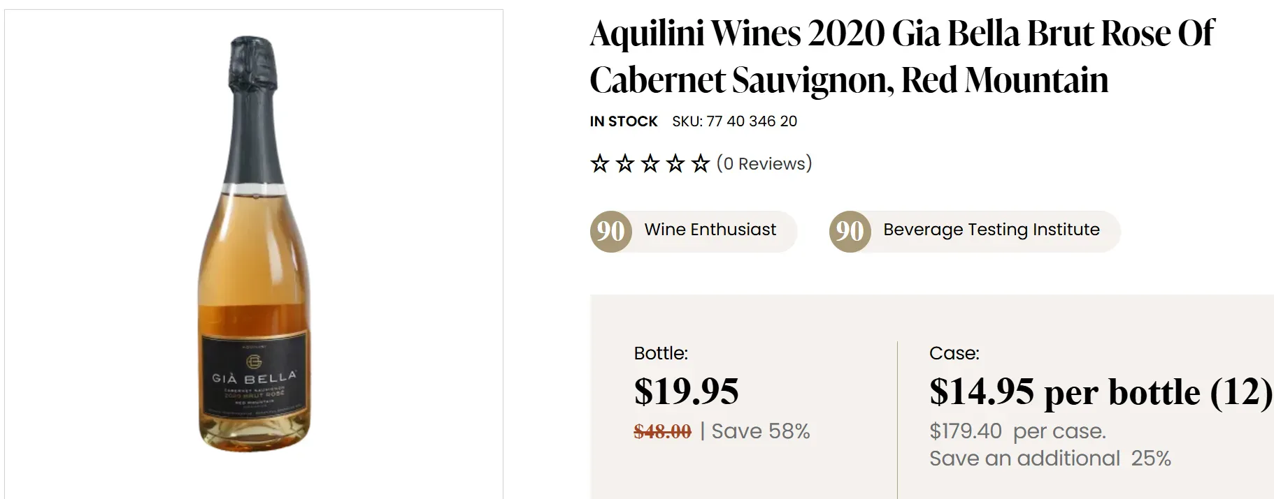 Garrafa de espumante rosé Gia Bella Brut, produção 2020 da Aquilini Wines, com avaliação de 90 pontos de institutos especializados