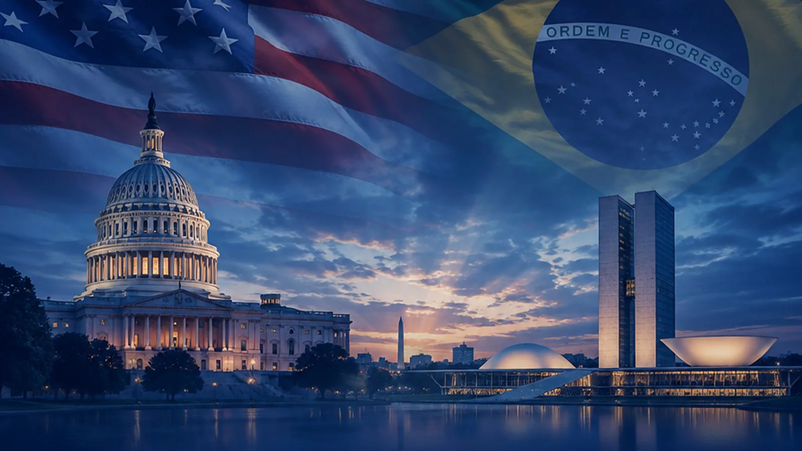 Ilustração com as bandeiras dos EUA e do Brasil sobre o Capitólio, em Washington, e o Congresso Nacional, em Brasília, ao entardecer