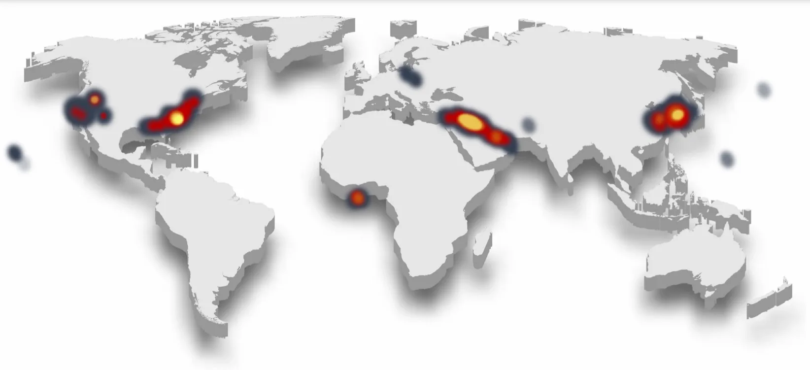 Mapa-múndi do AARO, de 2023, com manchas de calor nas regiões com mais relatos de fenômenos anômalos não identificados, entre elas o oeste e o leste dos EUA, o Oriente Médio e o leste da Ásia