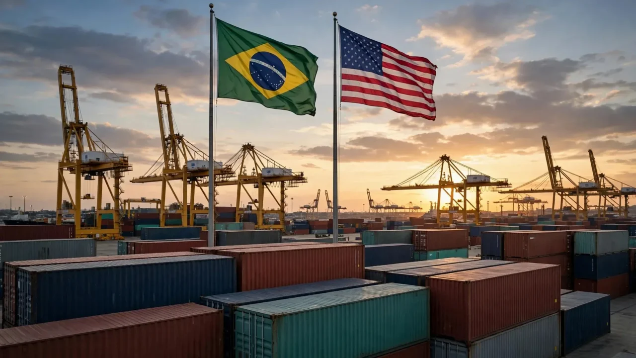 Bandeiras do Brasil e dos Estados Unidos em terminal portuário: governo brasileiro busca ampliar a lista de produtos isentos das tarifas americanas após reunião do G20 em Milwaukee.