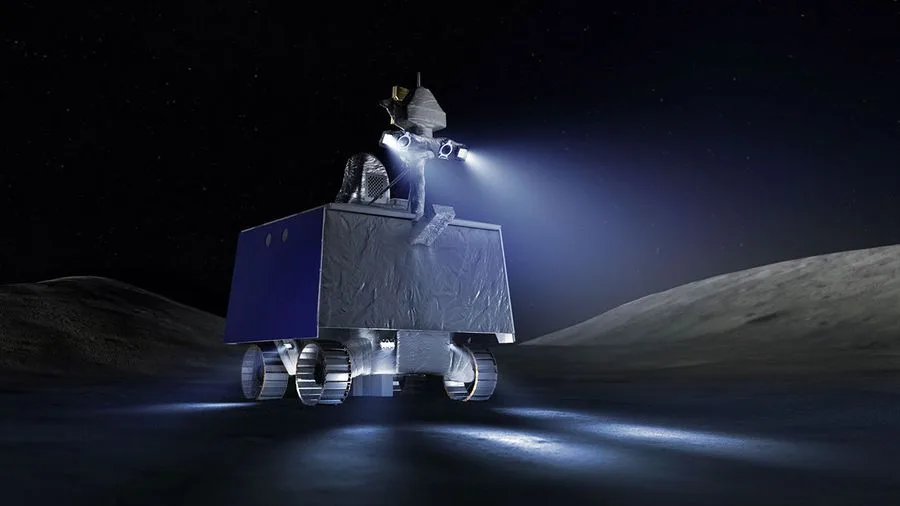 Concepção artística do rover lunar VIPER da NASA na superfície da Lua.