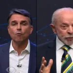 Montagem lado a lado: Flávio Bolsonaro à esquerda, de terno azul, e Lula à direita, de terno escuro e gravata verde e amarela, falando no debate
