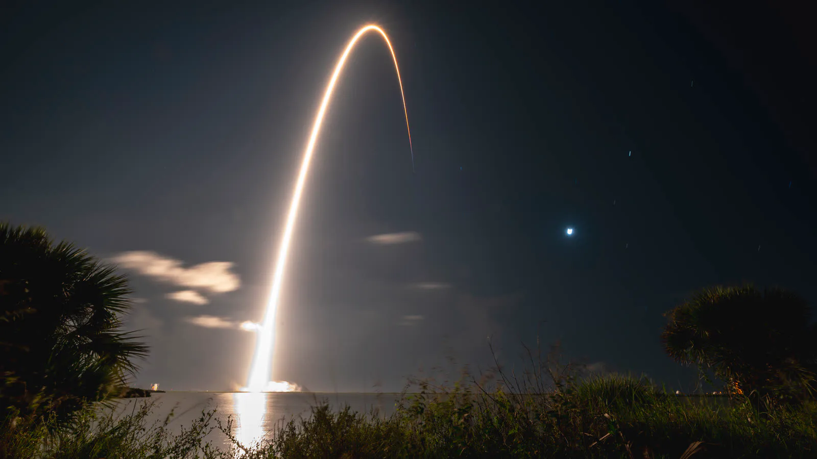 Rastro luminoso de um Falcon 9 desenha um arco no céu noturno sobre a vegetação do Cabo Canaveral