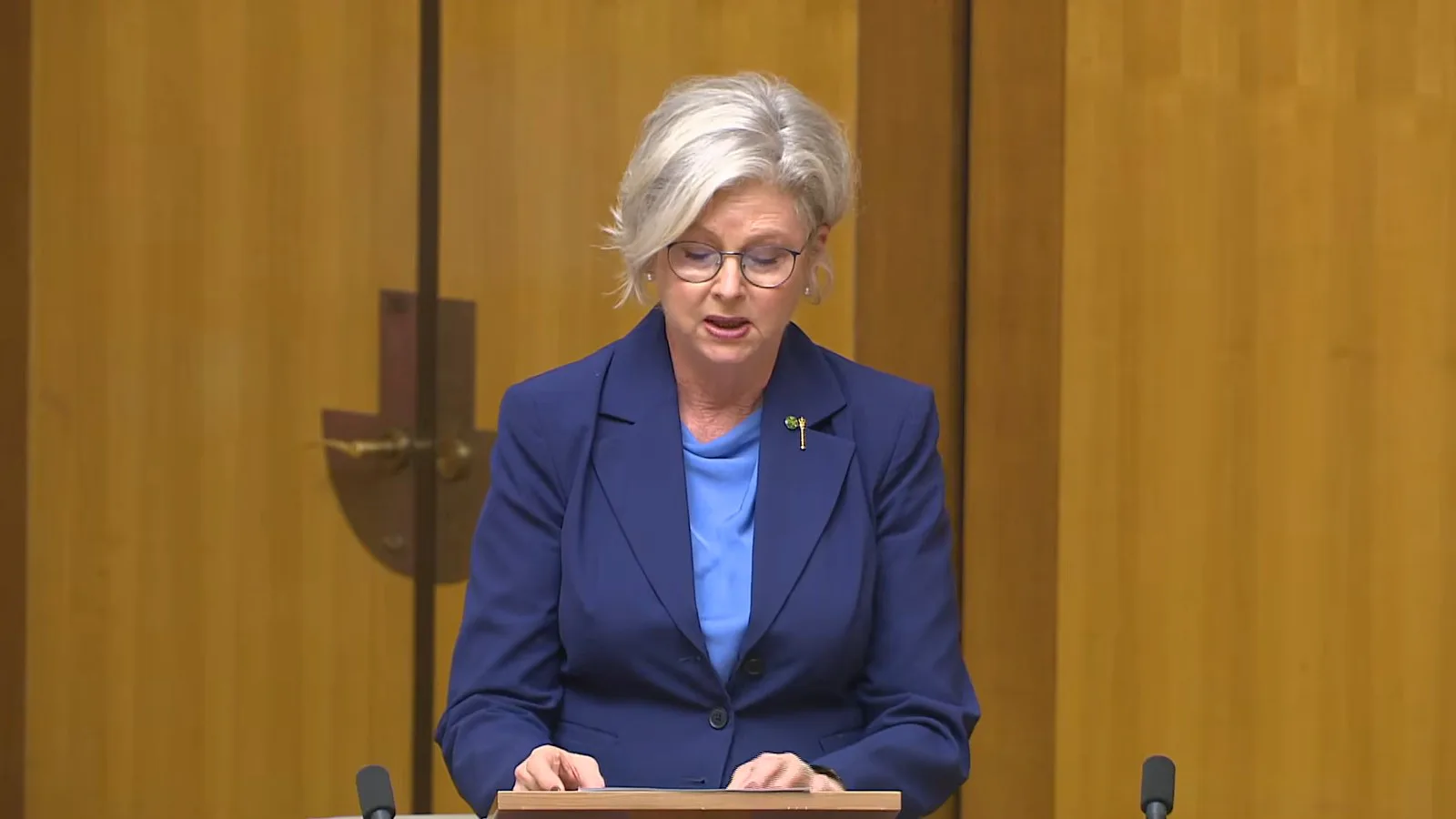 Helen Haines discursa de casaco azul na Câmara dos Representantes da Austrália, em Canberra, em imagem de arquivo