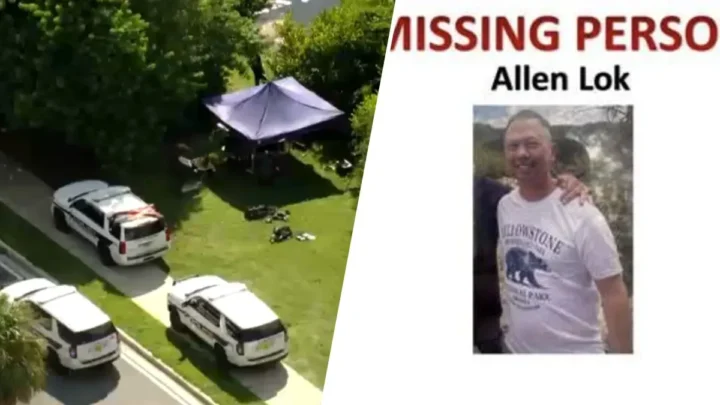 Imagem aérea mostra a operação de busca no lago em Pembroke Pines: mergulhadores na água, viaturas da polícia no local e a tenda de comando montada durante as buscas por Allen Lok, de 47 anos.