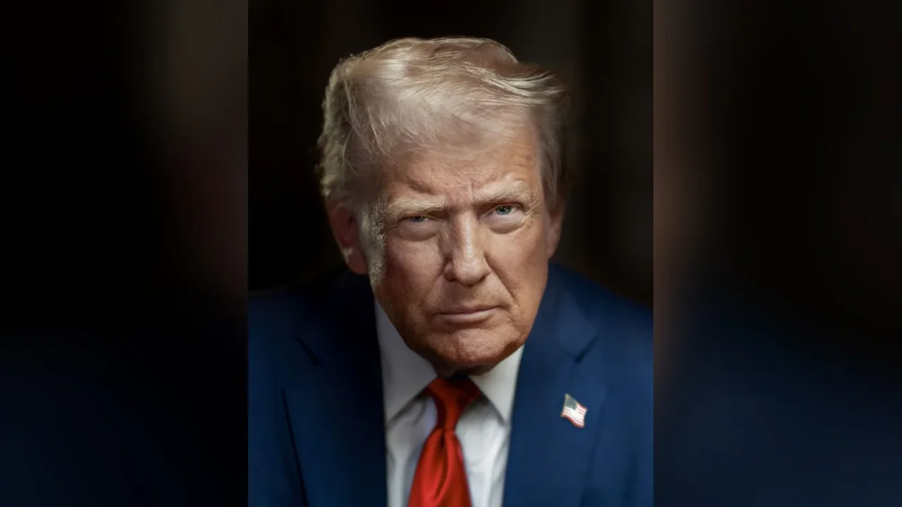 Retrato oficial do presidente Donald Trump, de terno azul e gravata vermelha, com broche da bandeira dos EUA