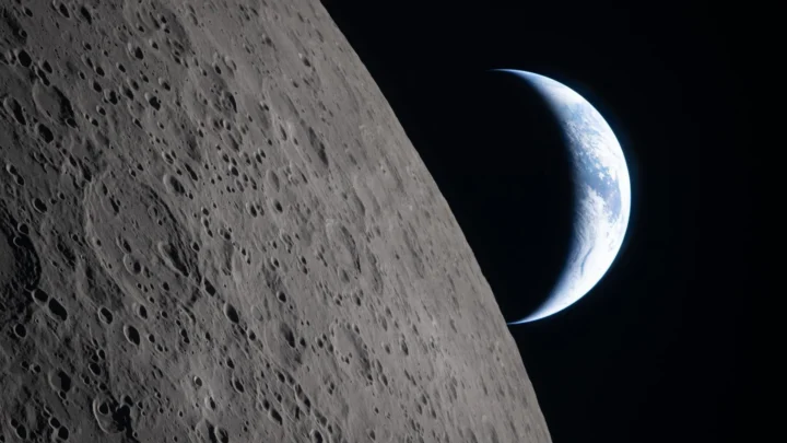 Quando os membros da tripulação da Artemis II estavam prestes a passar atrás da Lua e a vivenciar uma perda de sinal planejada, eles capturaram esta imagem de um crescente da Terra se pondo no limbo lunar em 6 de abril de 2026. A borda da superfície visível da Lua é chamada de “limbo lunar”.