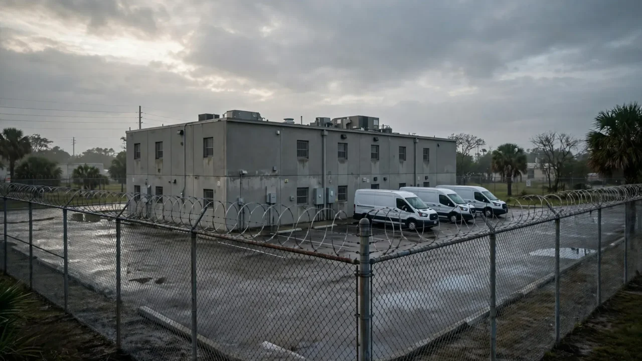 Centro de detenção do ICE em Miramar, na Flórida, alvo de ação coletiva que denuncia condições desumanas e inconstitucionais impostas a imigrantes detidos, com superlotação extrema.