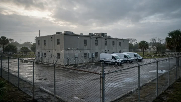 Centro de detenção do ICE em Miramar, na Flórida, alvo de ação coletiva que denuncia condições desumanas e inconstitucionais impostas a imigrantes detidos, com superlotação extrema.