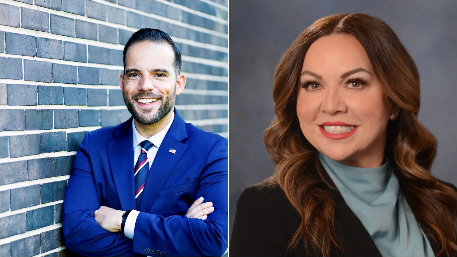 Retratos de Farley Santos, deputado estadual de Connecticut, e Elaine Marzola, deputada estadual de Nevada