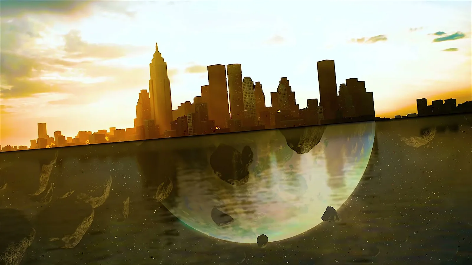 Silhueta de uma cidade com arranha-céus ao pôr do sol, refletida na água com rochas espaciais em montagem ilustrativa