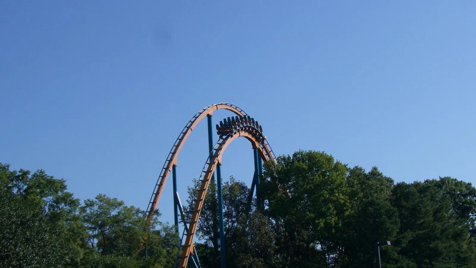 Trem do Goliath no alto da primeira descida, com a mata do parque ao fundo