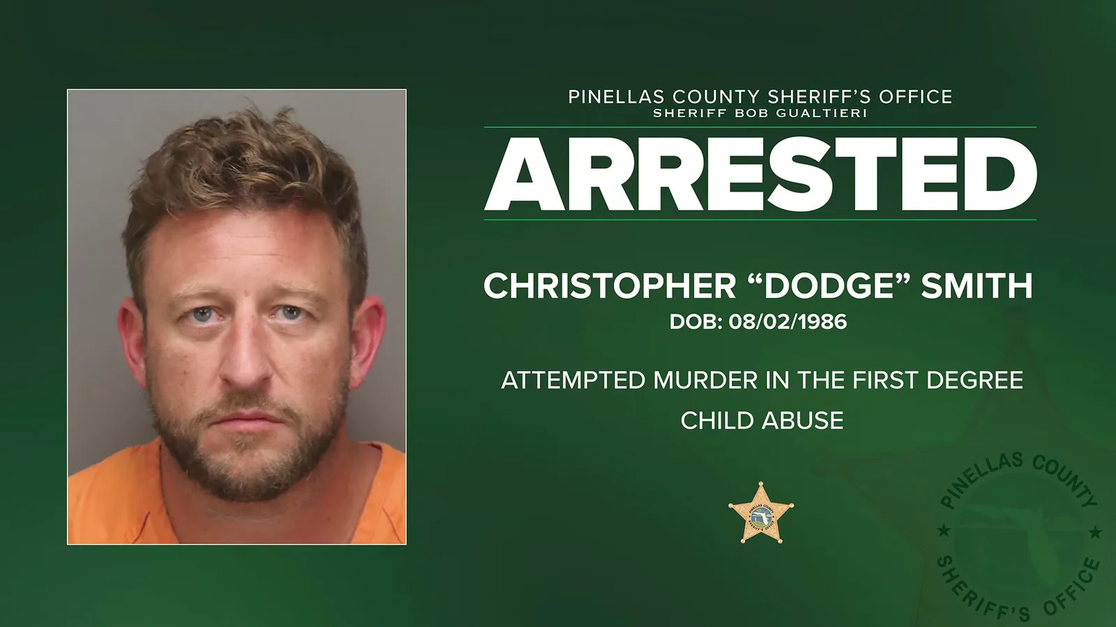 Ficha de prisão de Christopher "Dodge" Smith divulgada pelo gabinete do xerife, com as acusações registradas na noite da prisão: tentativa de homicídio em primeiro grau e abuso infantil