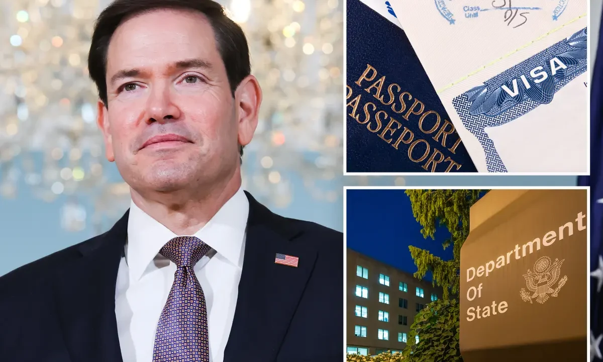 Homem de terno em foto de perfil ao lado de imagens de passaporte, visto americano e prédio do Departamento de Estado, referentes a revogação em massa de visas