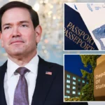 Homem de terno em foto de perfil ao lado de imagens de passaporte, visto americano e prédio do Departamento de Estado, referentes a revogação em massa de visas