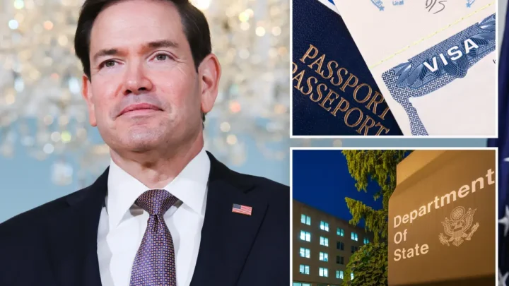 Homem de terno em foto de perfil ao lado de imagens de passaporte, visto americano e prédio do Departamento de Estado, referentes a revogação em massa de visas