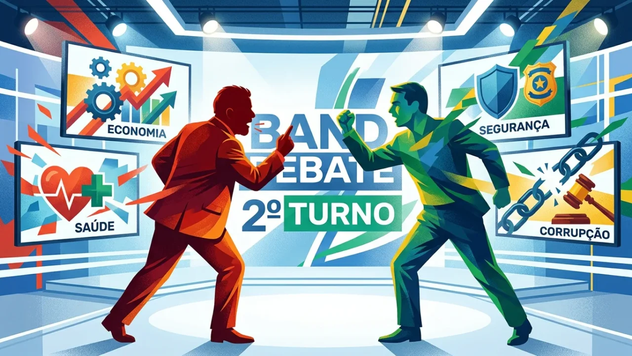 Ilustração: dois homens estilizados, um de terno vermelho e outro de roupas verdes e amarelas, se confrontam em um palco de debate com painéis sobre economia, saúde, segurança e corrupção