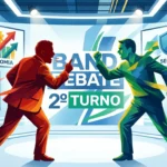 Ilustração: dois homens estilizados, um de terno vermelho e outro de roupas verdes e amarelas, se confrontam em um palco de debate com painéis sobre economia, saúde, segurança e corrupção