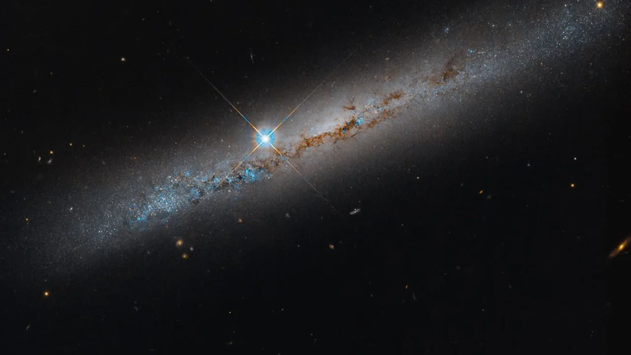Esta imagem do Telescópio Espacial Hubble da NASA mostra a galáxia espiral intermediária NGC 1827, vista de perfil. Suas faixas de poeira castanho-avermelhadas atravessam a galáxia em todo o seu comprimento. Procure galáxias distantes que pontilham o fundo negro, enquanto um punhado de estrelas em