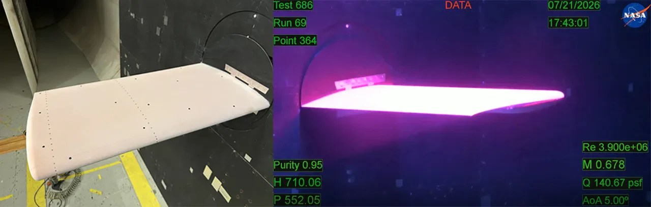 Esquerda: A Asa Supercrítica de Referência (Benchmark Supercritical Wing) não iluminada com Tinta Sensível à Pressão instável dentro do Túnel de Dinâmica Transônica no Centro de Pesquisa Langley da NASA. Direita: A Asa Supercrítica de Referência iluminada com Tinta Sensível à Pressão instável