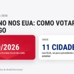 Arte com fundo claro: 2º turno nos EUA, como votar no domingo, 25 de outubro de 2026, das 8h às 17h no horário local, em 11 cidades