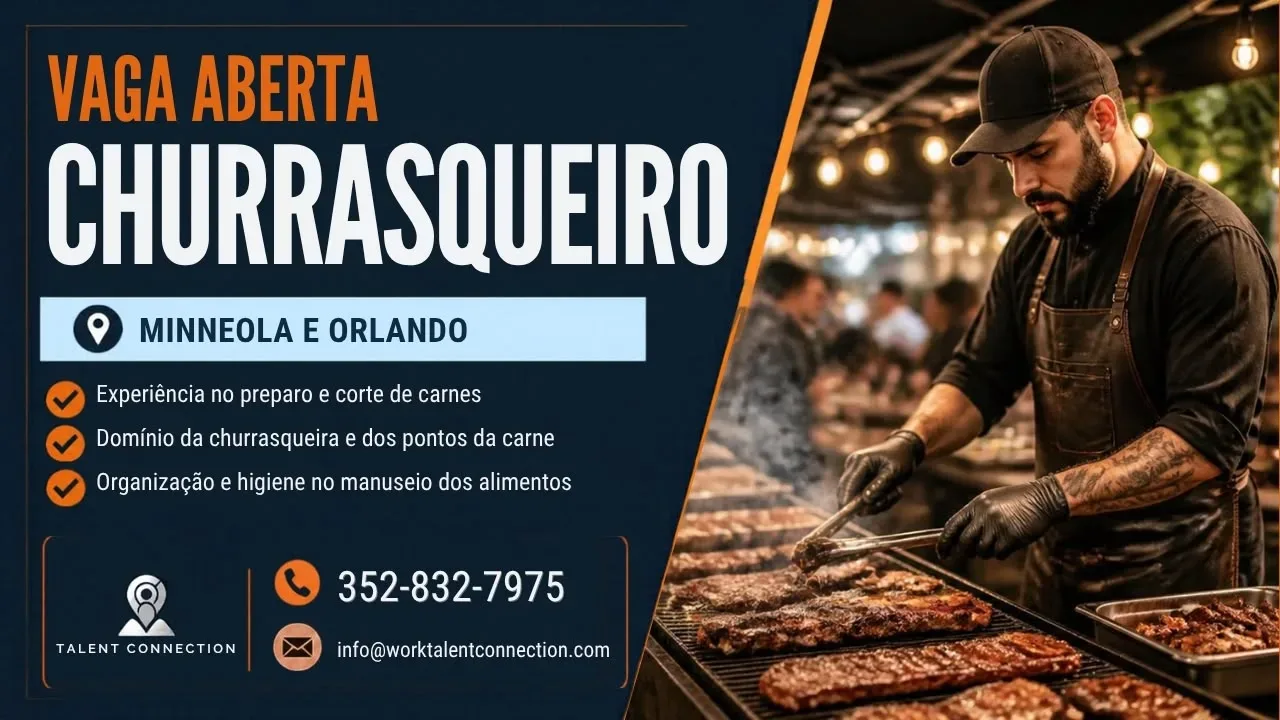 Arte da vaga de churrasqueiro em Minneola e Orlando, divulgada pela Work Talent Connection