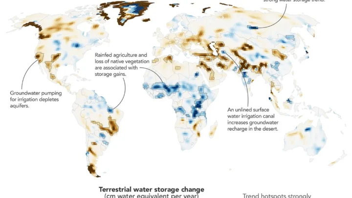 Medições das missões GRACE (Gravity Recovery and Climate Experiment, Experimento de Clima e Recuperação da Gravidade) e GRACE-FO (GRACE Follow-On) da NASA revelam tendências no armazenamento de água terrestre de abril de 2002 a novembro de 2025. As áreas delimitadas em preto indicam onde as