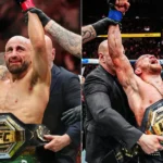 Dois lutadores de MMA, um de cabelo raspado e barba, outro de cabelo escuro e cordão no pescoço, erguem os braços e seguram cinturões dourados do UFC dentro do octógono