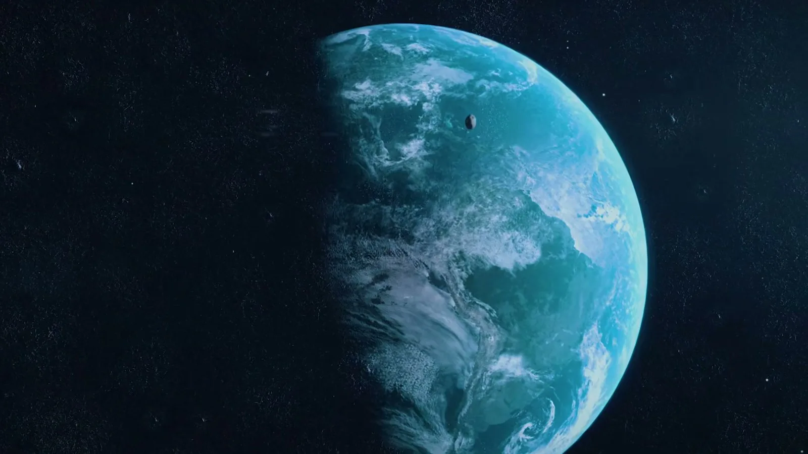 Animação da Terra vista do espaço, com nuvens sobre o oceano e um pequeno ponto escuro ao lado