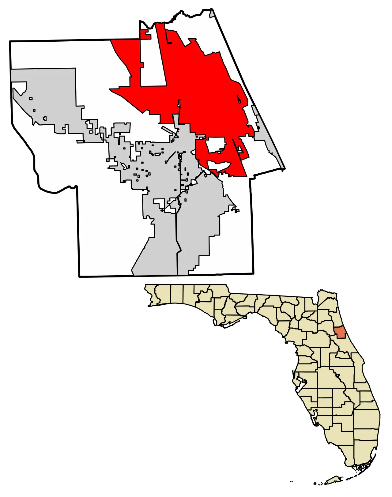 Mapa do condado de Flagler com a área da cidade de Palm Coast destacada em vermelho e, embaixo, o mapa da Flórida com o condado marcado na costa nordeste do estado