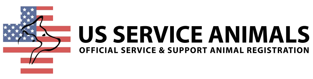 Logo da empresa US Service Animals, com silhueta de cachorro sobreposta à bandeira dos Estados Unidos e o texto "Official Service & Support Animal Registration"