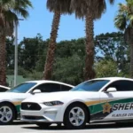 Viaturas brancas do Gabinete do Xerife do Condado de Flagler, com faixas verde e dourada e a palavra Sheriff, estacionadas sob palmeiras (foto de arquivo)